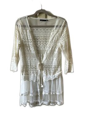 Molo Cream Sheer Crochet Tie-Front Cardigan - Size L